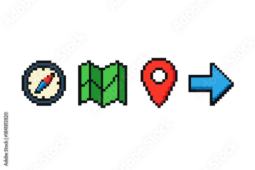 Pixel art icons: compass, map, location pin, arrow for digital navigation