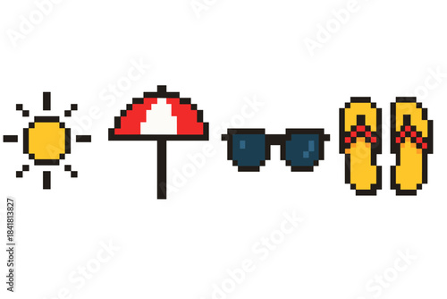 Pixel art: sun, parasol, sunglasses, flip-flops - summer icons collection