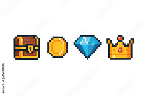 Pixel art treasure chest, coin, diamond, and crown icons on white background