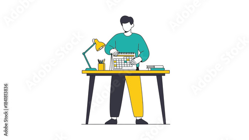Man working at desk examining calendar with lamp and books flat vector illustration