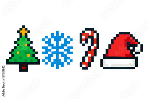 Pixel art christmas icons: tree, snowflake, candy cane, santa hat