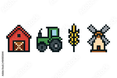 Pixel art farm: barn, tractor, wheat, windmill icons