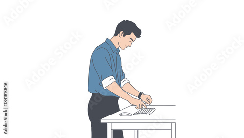 Man working at desk typing on a keyboard, with his hands in position, drawing