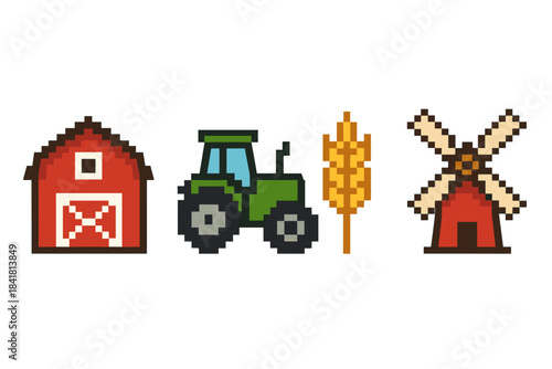 Pixel art farm icons: barn, tractor, wheat, and windmill collection