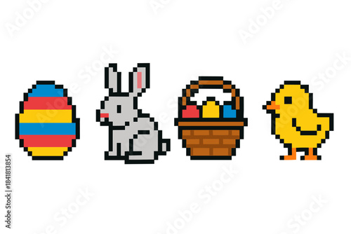 Pixel art easter symbols: egg, rabbit, basket, chick in vibrant colors