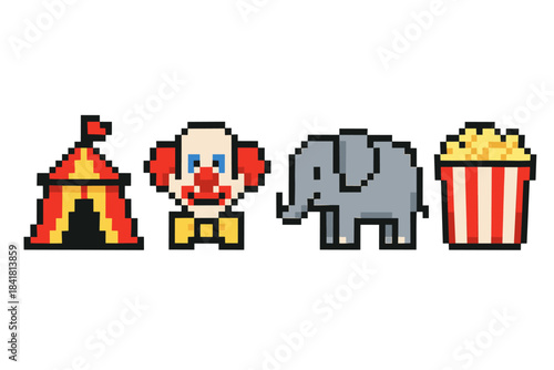 Pixel art circus scene with tent clown elephant popcorn