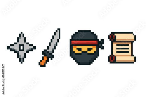 Pixel art ninja weapons and scrolls collection with sword and shuriken