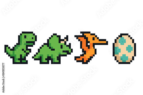 Pixel art dinosaurs and egg: t-rex, triceratops, pterodactyl