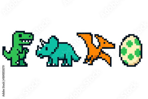 Pixel art dinosaurs and egg: t-rex, triceratops, pterodactyl