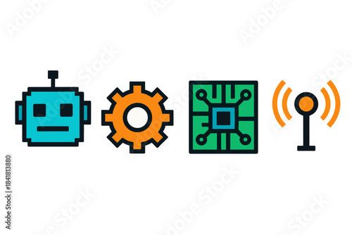 Colorful technology icons featuring robot, gear, circuit, and signal antenna
