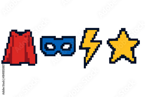 Pixel art superhero cape mask lightning bolt star icons