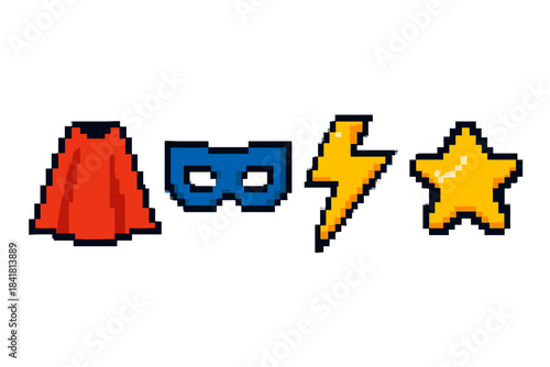 Pixel art superhero icons: cape, mask, lightning bolt, star