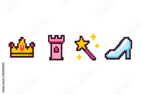 Pixel art fairy tale symbols: crown, castle, wand, glass slipper