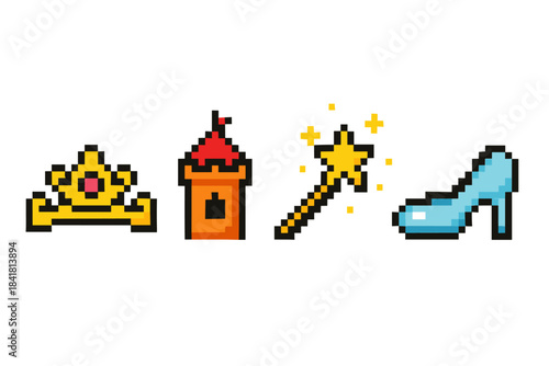 Pixel art fairy tale icons: crown, castle, magic wand, glass slipper