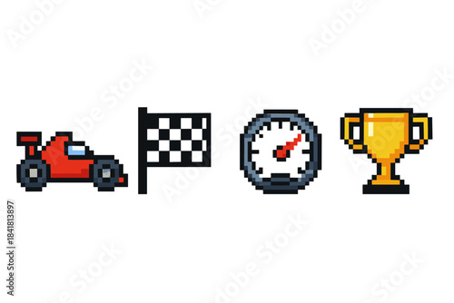 Pixel art race car and trophy with checkered flag and speedometer
