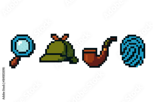 Pixel art detective icons: magnifying glass, deerstalker hat, pipe, fingerprint