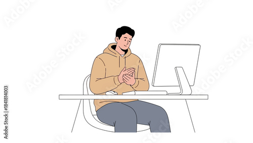 Man working on computer at his desk smiling vector illustration isolated on white background