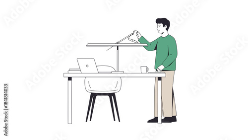 Minimalist illustration of a man adjusting a desk lamp, working from home or office