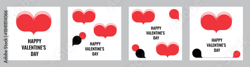 A set of four abstract, modern square Valentine's Day templates. Minimalistic abstract cards with hearts and geometric shapes. Vector illustration.