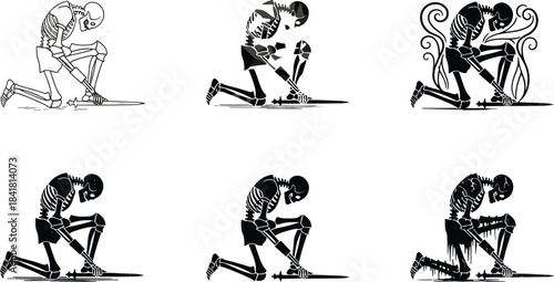 Set of Kneeling Skeleton Silhouettes with Swords, Warrior Pose Death Fantasy Vector