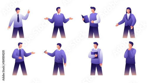 Businessman Gestures and Expressions in Office Setting Vector Illustrations from Multiple Angles