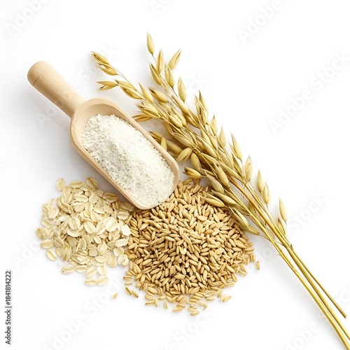 Composition of oats, flakes, grains, and a wooden scoop on a white background