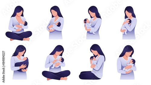 Mother Breastfeeding Baby in Various Poses, Indoor Lifestyle Illustration Set, Calm Environment, Front View