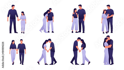 Couples Embracing and Interacting in Various Romantic Poses, Lifestyle Illustration Set