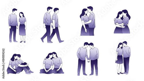 Couples Expressing Emotions and Affection in Various Poses, Illustration, Intimate and Reflective Moments