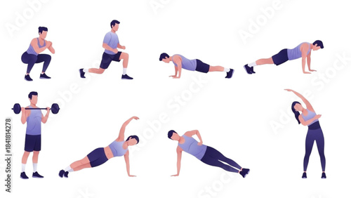Fitness Workout Routine Demonstration with Man Performing Exercises Indoors from Side View