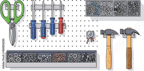 A pegboard with various tools such as hammers, pliers, and screwdrivers