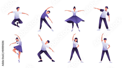 Diverse Group Performing Dynamic Dance Poses Indoor Studio Illustration Collection