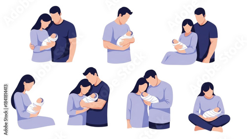 Father and Mother Bonding with Newborn Baby at Home, Loving Family Lifestyle Illustration