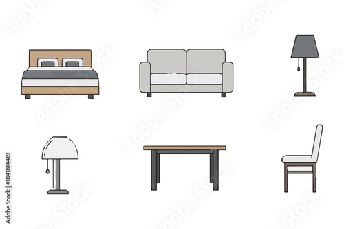 Minimalist flat design furniture and home decor icons for interior design concepts Vector