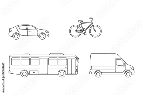 Outline drawings of various common modes of transport including car, bus, bicycle, and van Vector