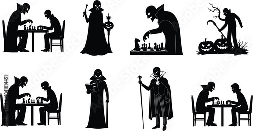 Vampire Dracula Playing Chess Illustration Set, Reading Book, Halloween Silhouette Vector Collection.