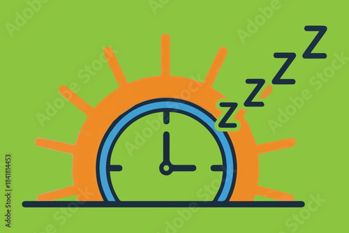 A vibrant illustration of a morning wake-up scene with a clock and sleeping zzz symbols Vector