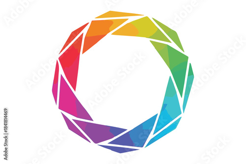 A vibrant geometric circle logo with a rainbow gradient of triangular segments Vector