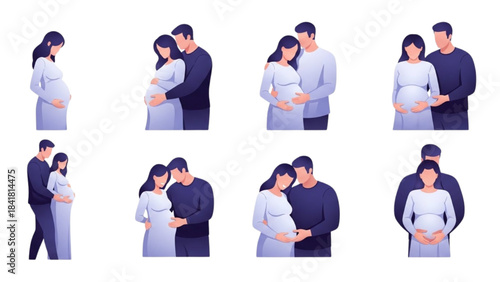 Couple Embracing and Expecting Baby in Various Loving Poses, Studio Illustration, Intimate Lifestyle View