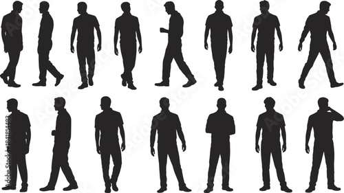 Walking and standing male silhouettes displaying casual movement, modern posture and everyday gestures for lifestyle projects, vector artwork and creative illustration