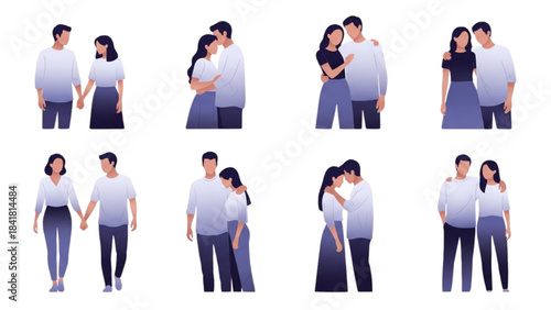 Couples Expressing Affection Through Hugs and Holding Hands in Casual Studio Illustrations