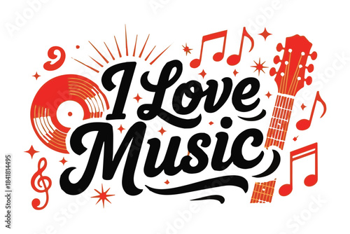 Expressing a deep love for music in a vibrant retro design with a record and guitar Vector