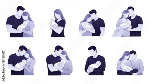 Father & Mother Holding Baby Comforting Infant in Home Setting Emotional Bonding Illustration