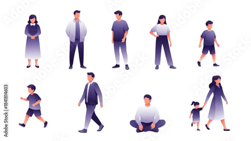 Diverse People Posing and Moving in Various Actions and Casual Outfits on White Background Illustration