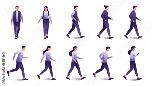 Walking Actions of Business People in Various Poses, Illustration, Studio Environment, Side View, Character Design