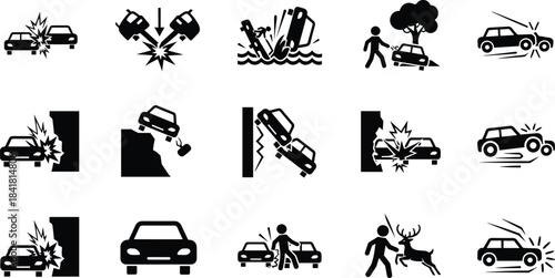 Car accident icons, vehicle crash symbols, collision danger signs, road safety pictograms, auto emergency illustrations, hazardous driving situations, transportation incident silhouettes