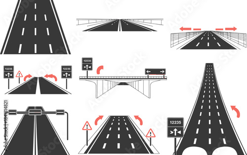 Highway road illustration set, traffic lane graphics, directional signage icons, roadway perspective designs, bridge and turn symbols, transportation path artwork for navigation and driving concepts