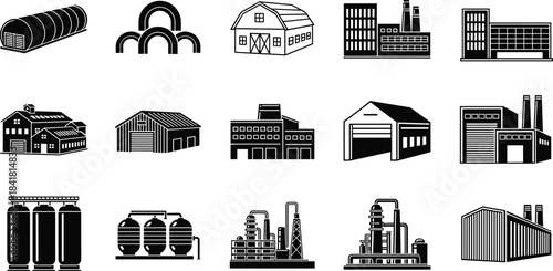 Industrial building icons set, factory and warehouse illustrations, storage facility graphics, barn and farm structures, manufacturing plant symbols, production 