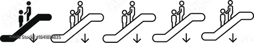 Escalator down icons set, public facility signage illustrations, people on moving stairway symbols, direction arrow graphics, modern line and solid style transportation pictograms