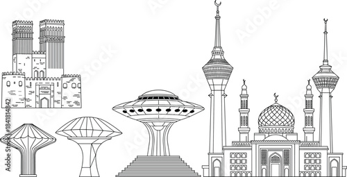 Middle Eastern landmark illustrations, cultural architecture icons, mosque and tower designs, historic fortress drawings, skyline monument collection, traditional and modern structure line art set